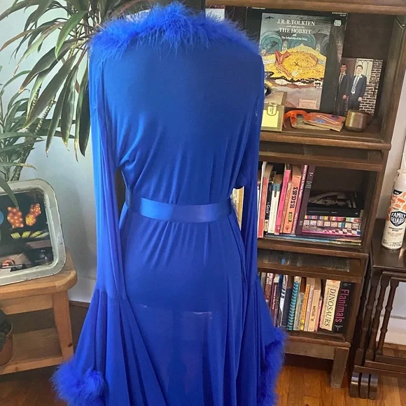 Elegant Blue Feathered Robe Vintage Lingerie - Picture 3 of 4
